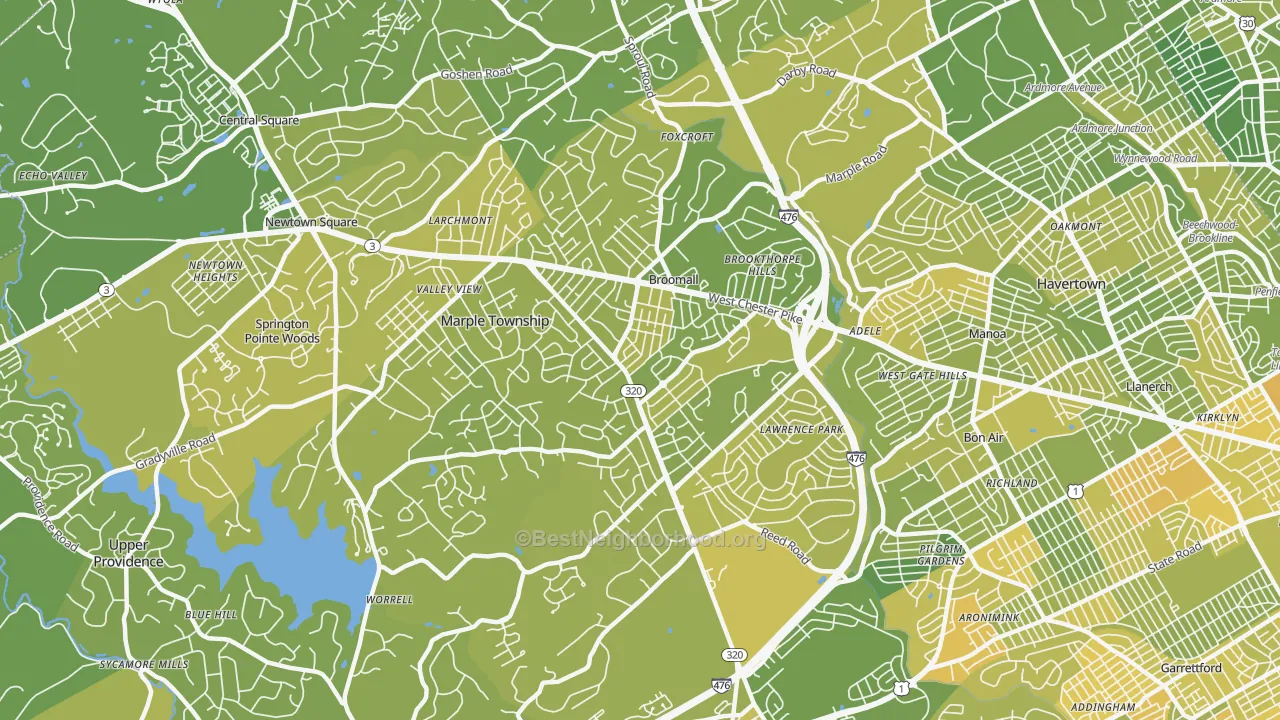 Map of the best neighborhoods in the Broomall area, with better matches in green and worse matches in red