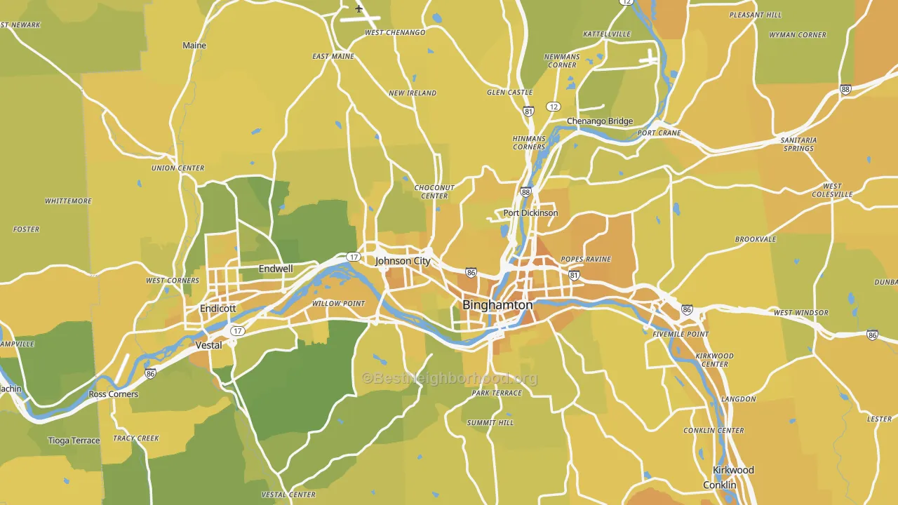 Map of the best neighborhoods in the Broome County area, with better matches in green and worse matches in red
