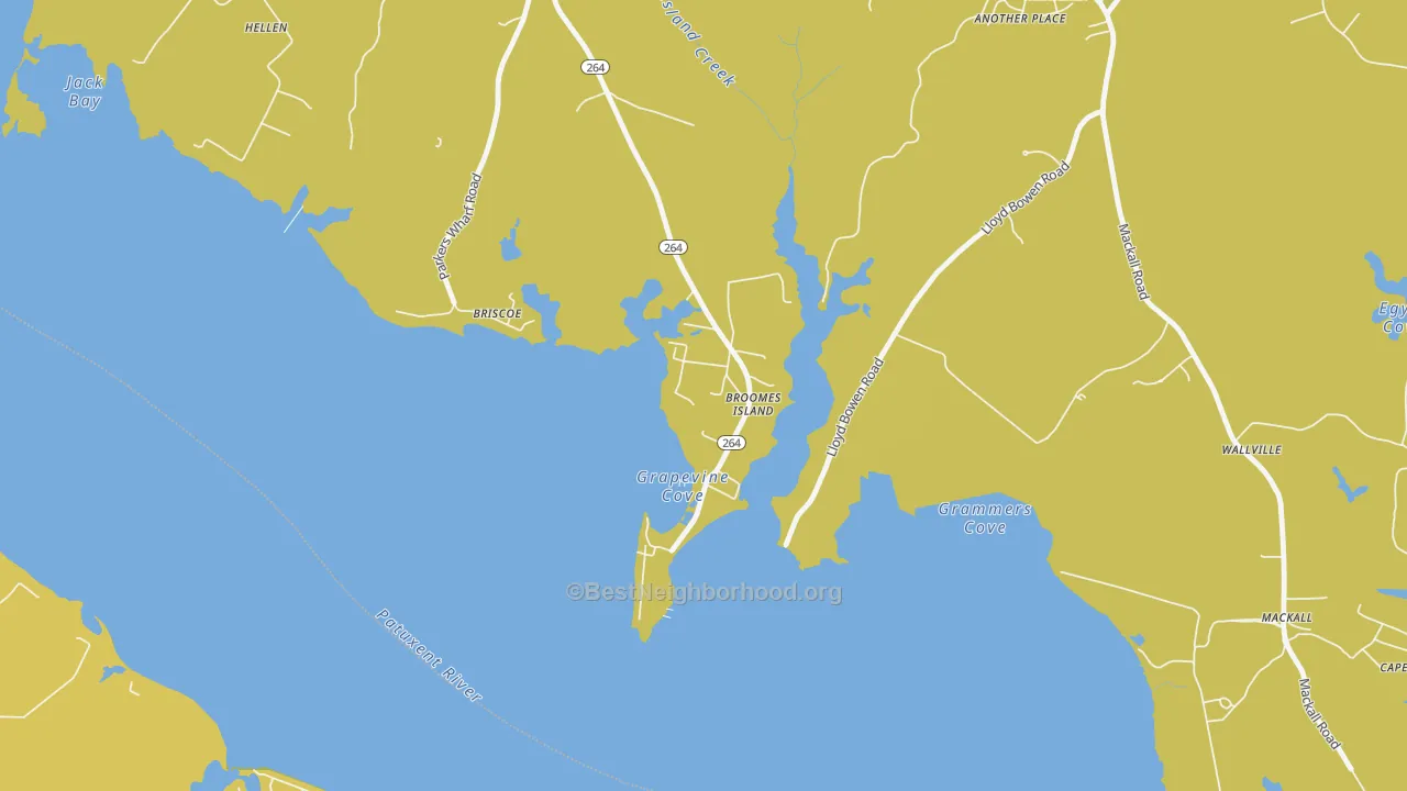 Map of the best neighborhoods in the Broomes Island area, with better matches in green and worse matches in red