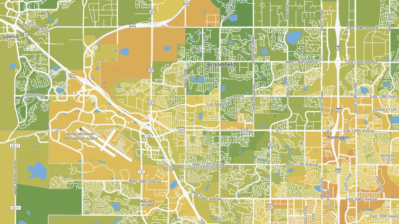 Map of the best neighborhoods in the Broomfield area, with better matches in green and worse matches in red