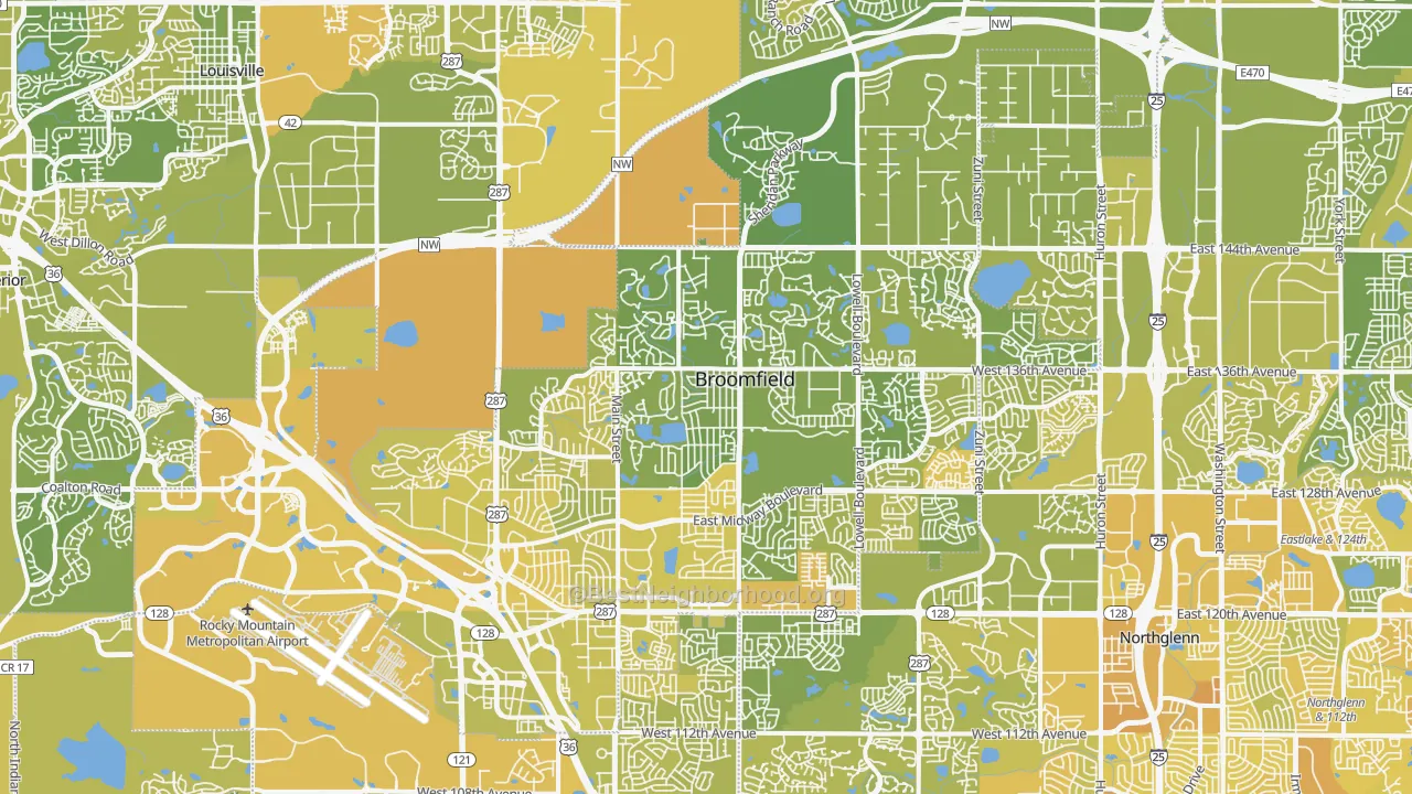 Map of the best neighborhoods in the Broomfield County area, with better matches in green and worse matches in red