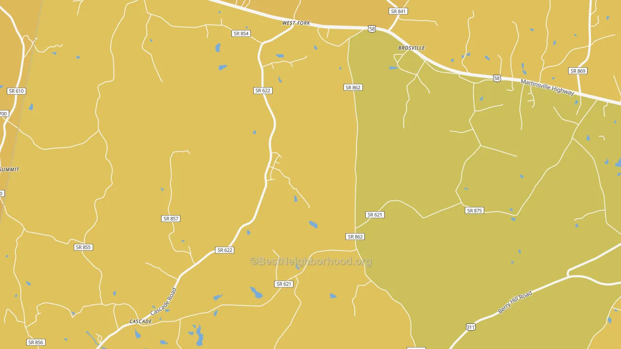 Map of the best neighborhoods in the Brosville area, with better matches in green and worse matches in red