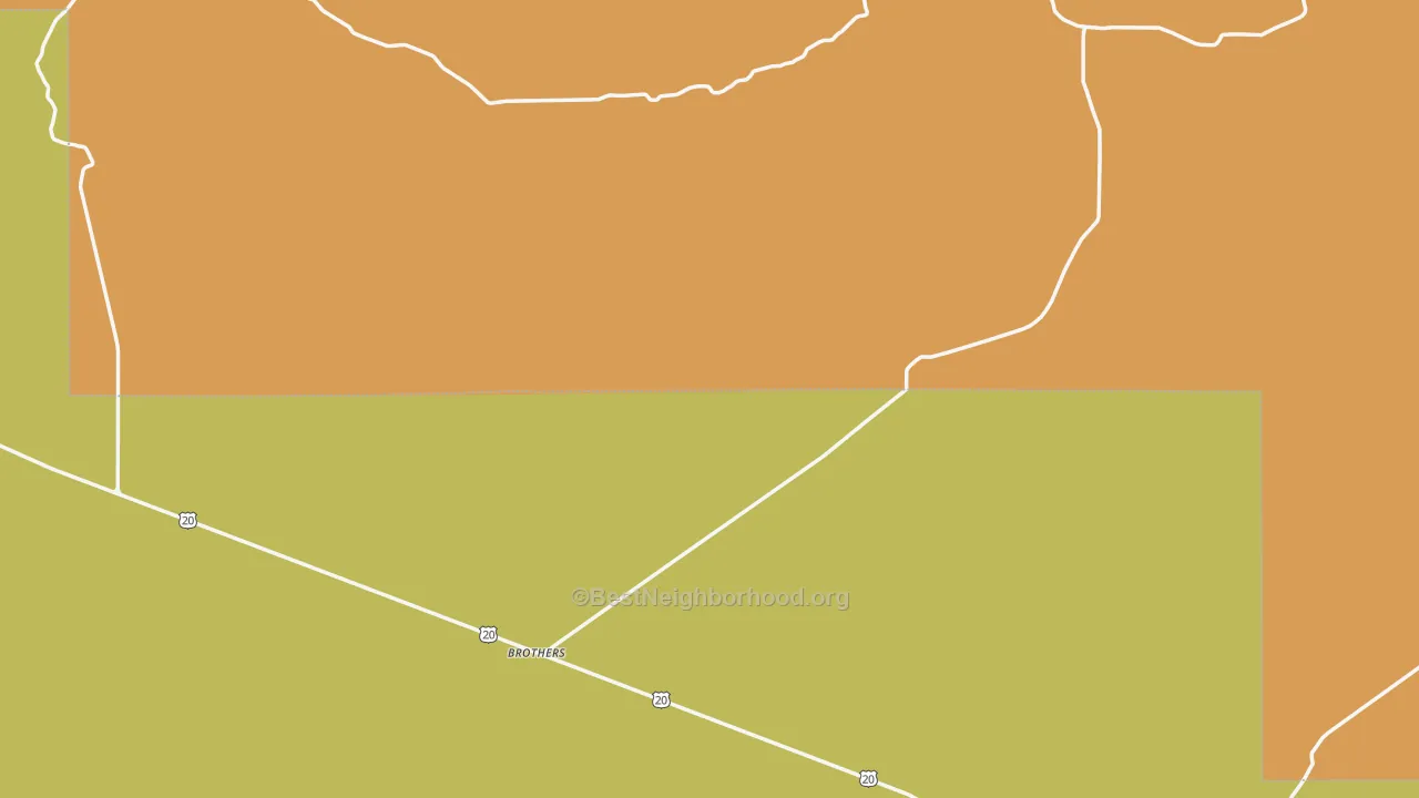 Map of the best neighborhoods in the Brothers area, with better matches in green and worse matches in red