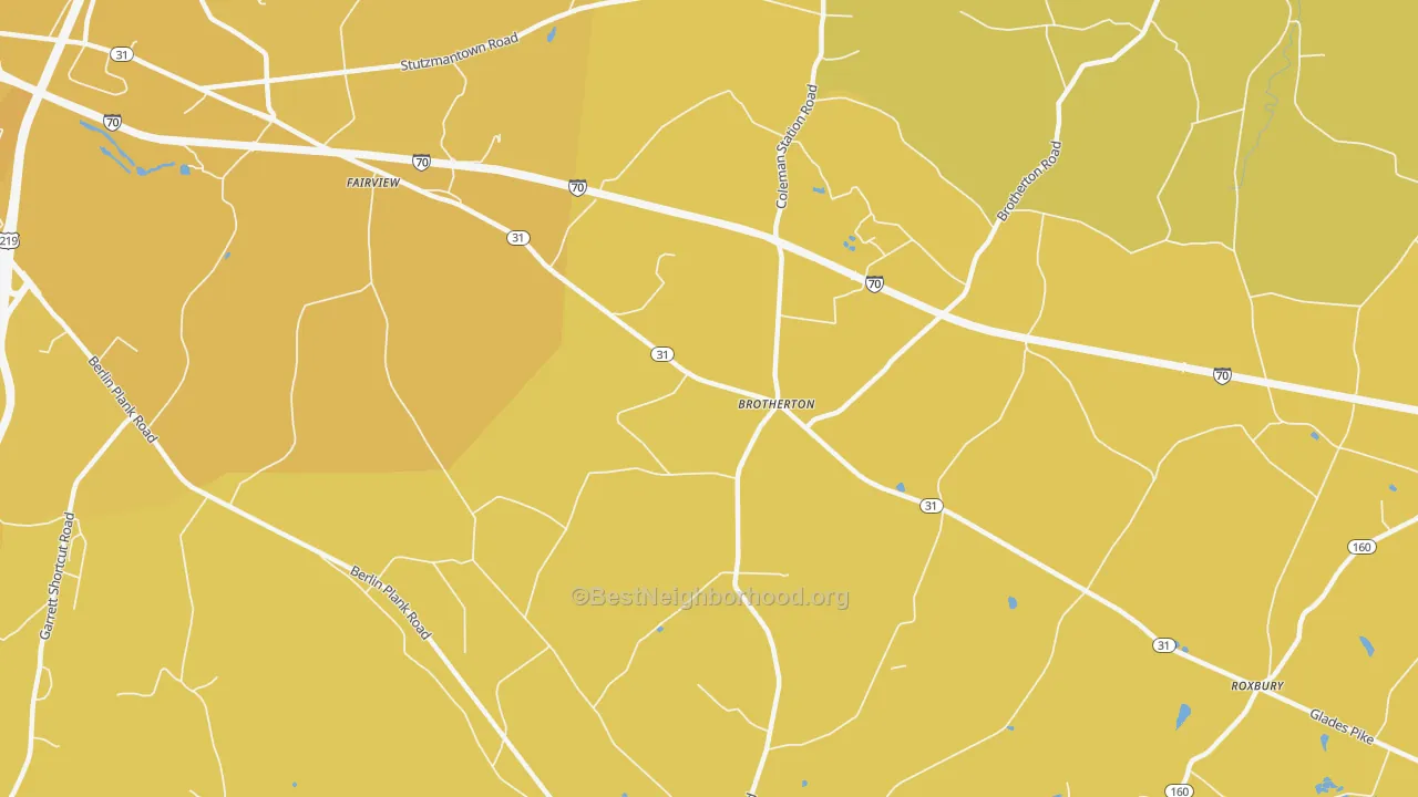 Map of the best neighborhoods in the Brotherton area, with better matches in green and worse matches in red