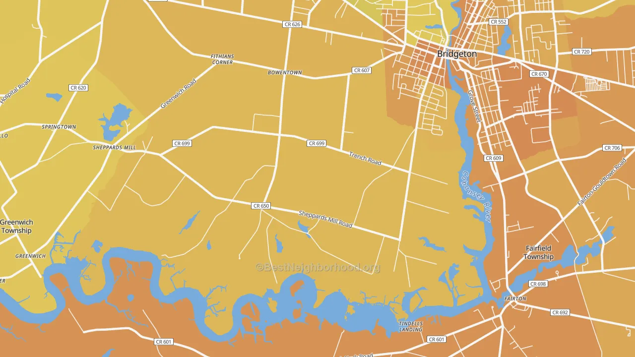 Map of the best neighborhoods in the Brotmanville area, with better matches in green and worse matches in red