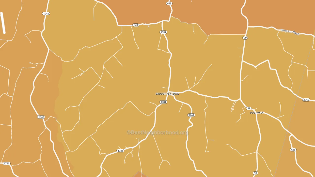 Map of the best neighborhoods in the Broughtentown area, with better matches in green and worse matches in red