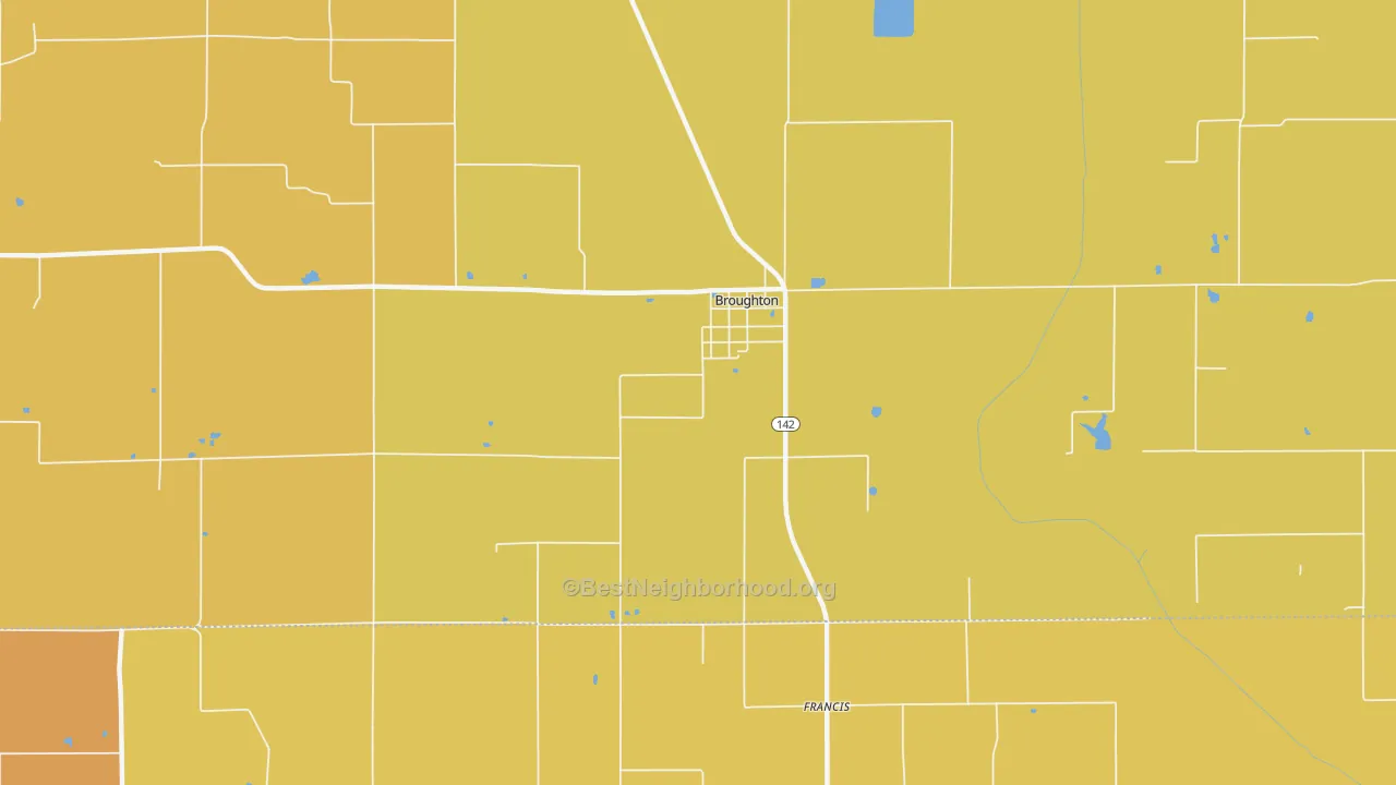 Map of the best neighborhoods in the Broughton area, with better matches in green and worse matches in red