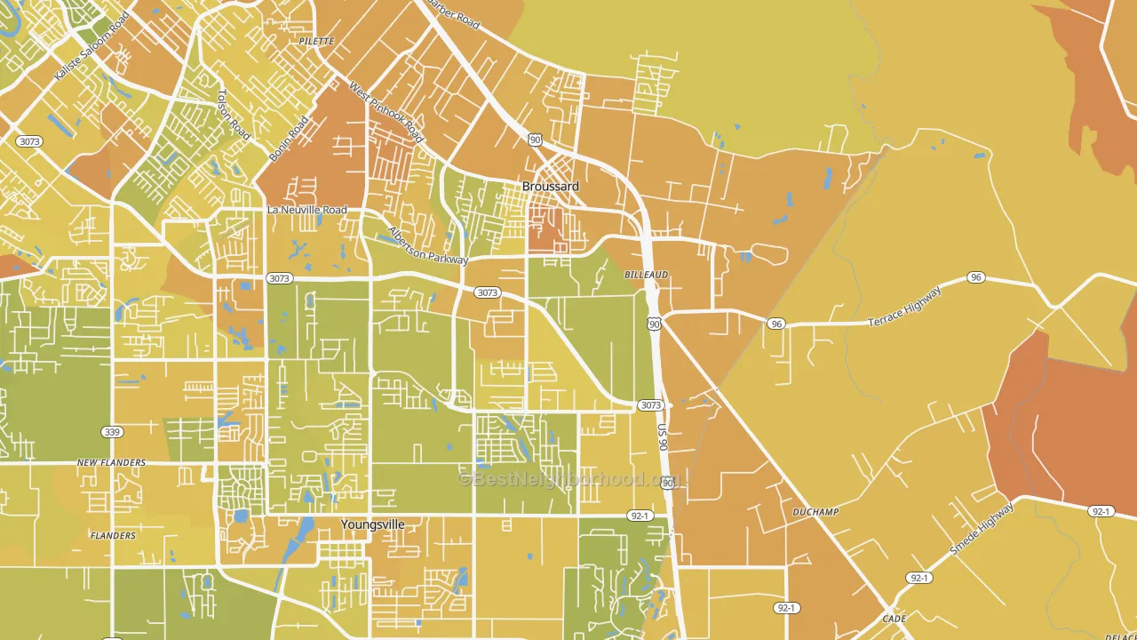 Map of the best neighborhoods in the Broussard area, with better matches in green and worse matches in red