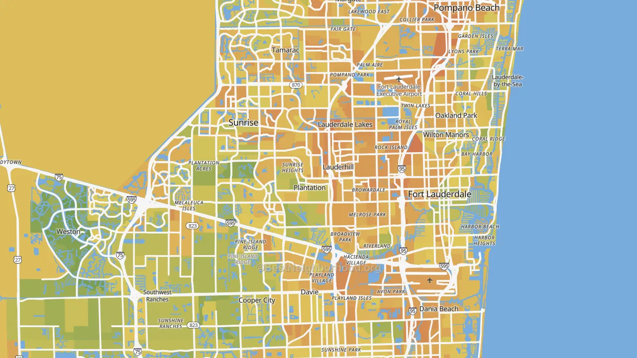 Map of the best neighborhoods in the Broward County area, with better matches in green and worse matches in red