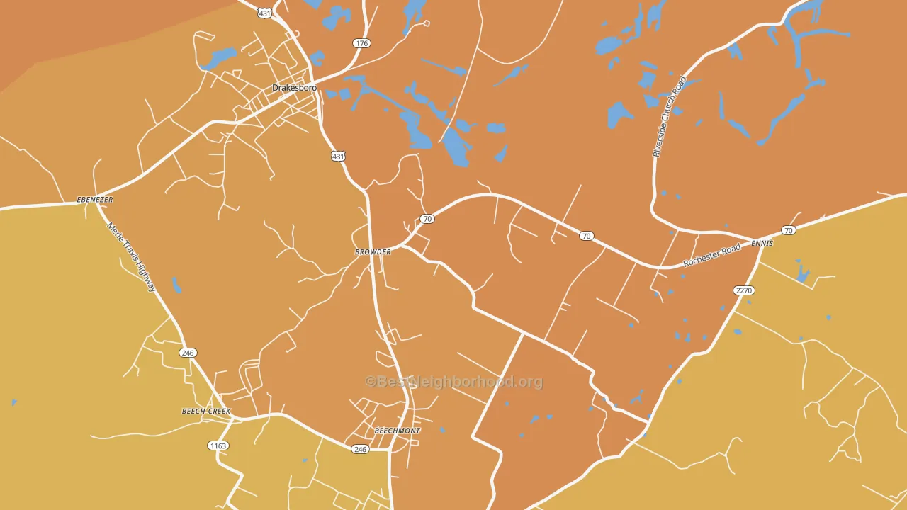 Map of the best neighborhoods in the Browder area, with better matches in green and worse matches in red