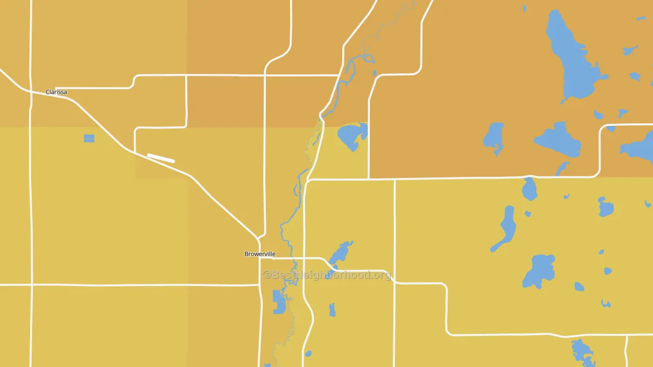 Map of the best neighborhoods in the Browerville area, with better matches in green and worse matches in red