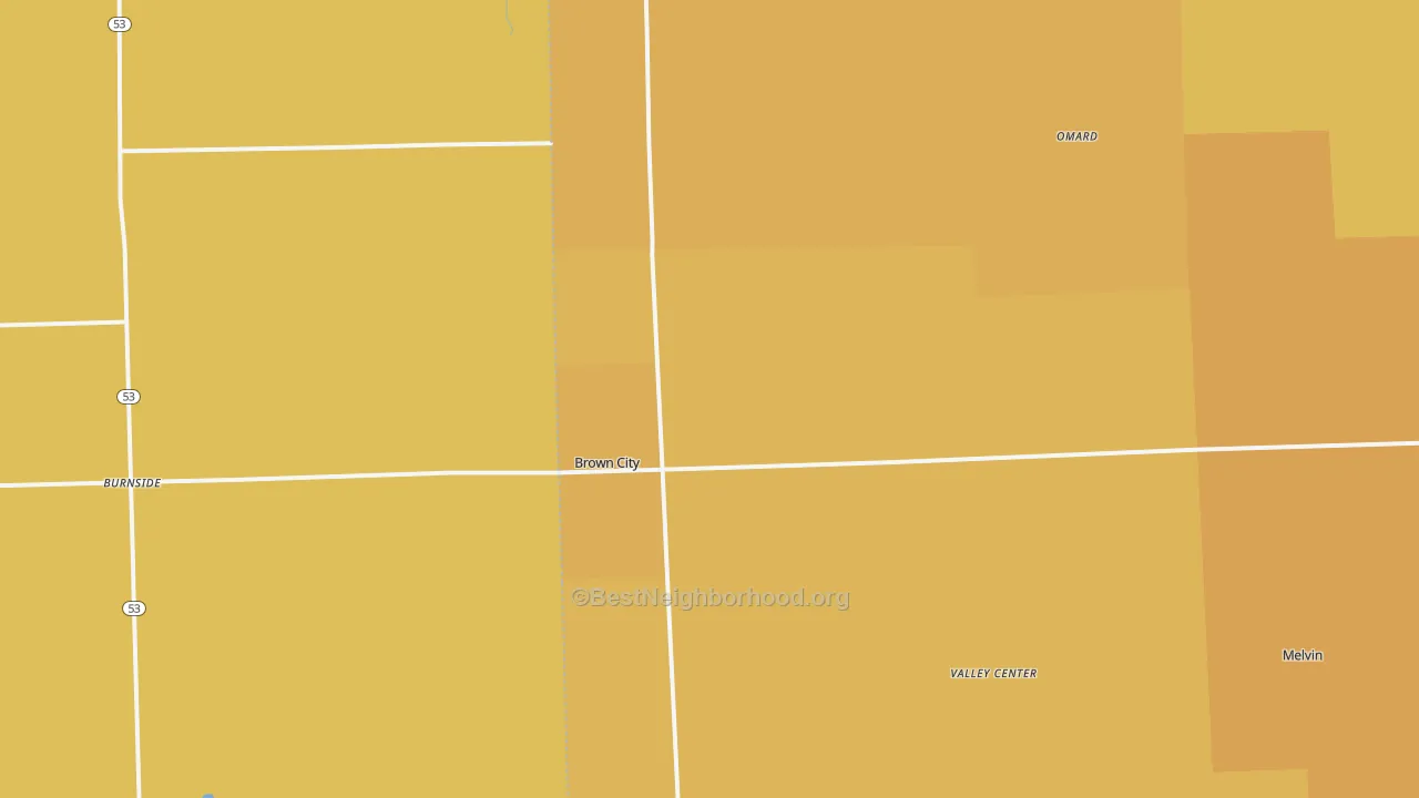 Map of the best neighborhoods in the Brown City area, with better matches in green and worse matches in red