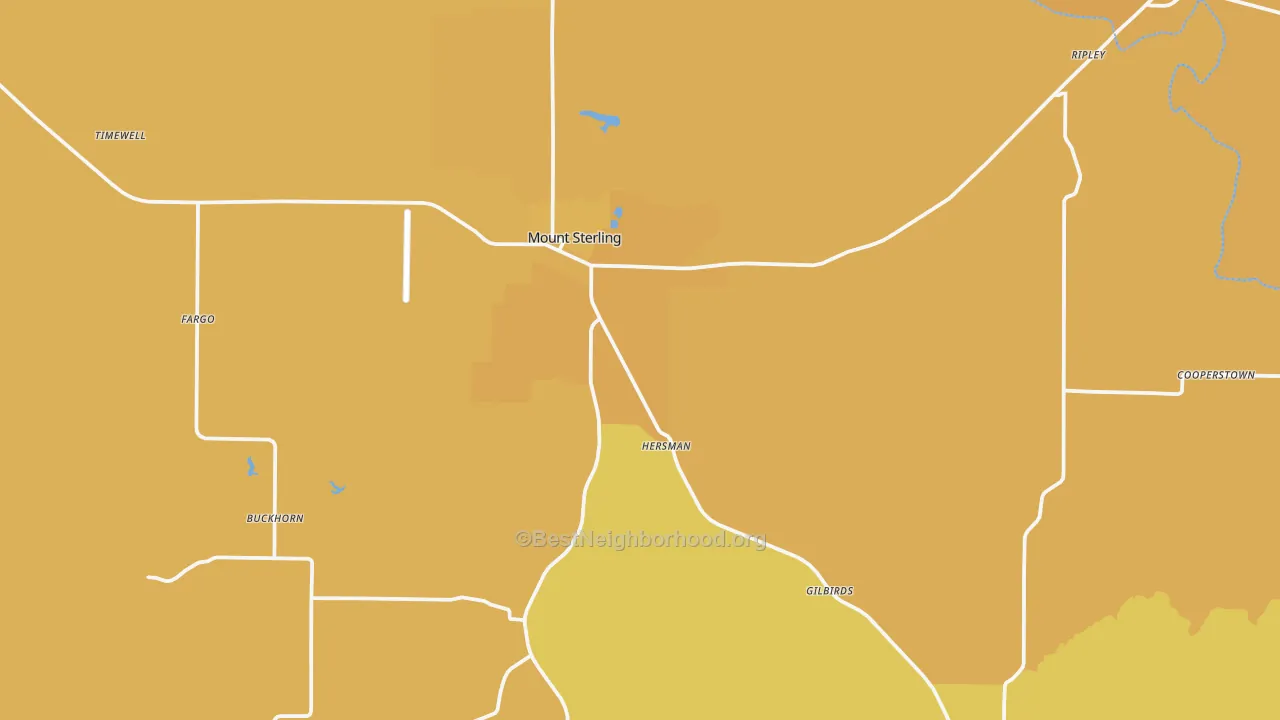 Map of the best neighborhoods in the Brown County area, with better matches in green and worse matches in red