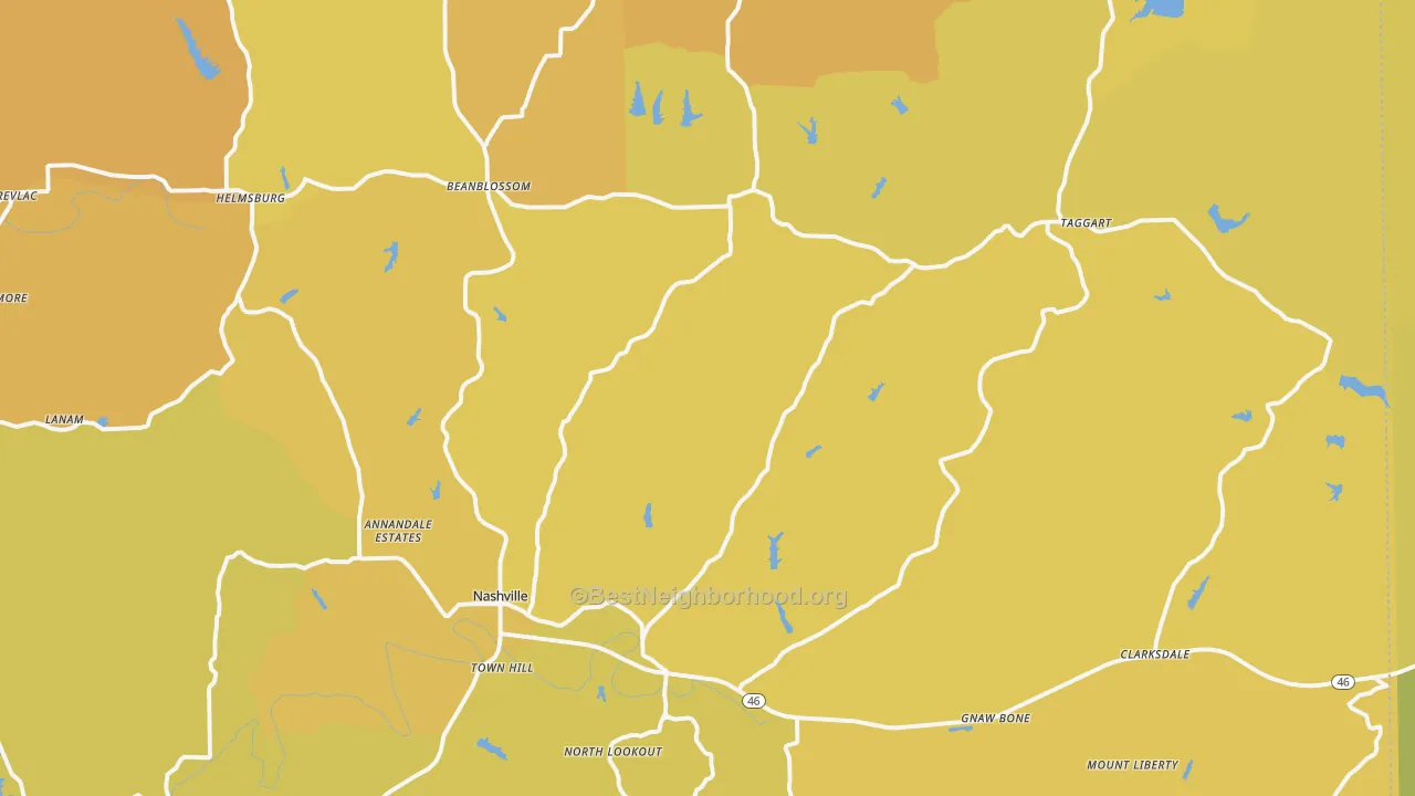 Map of the best neighborhoods in the Brown County area, with better matches in green and worse matches in red