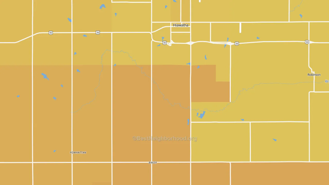 Map of the best neighborhoods in the Brown County area, with better matches in green and worse matches in red