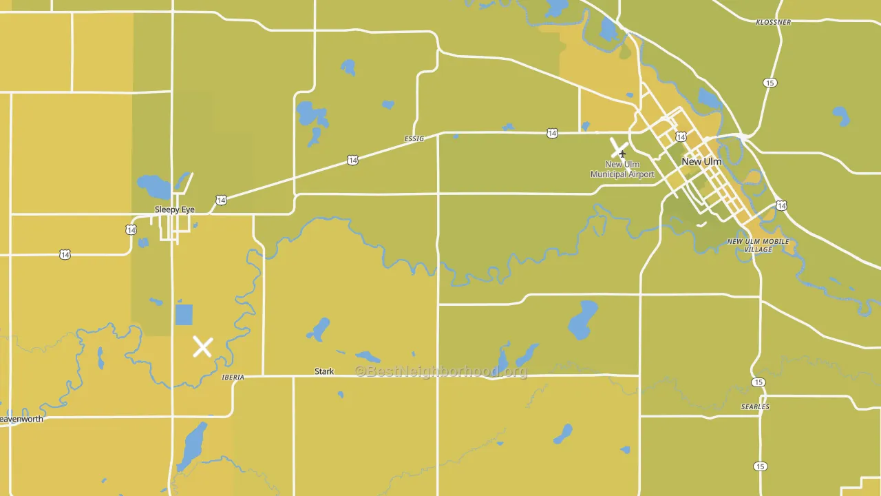 Map of the best neighborhoods in the Brown County area, with better matches in green and worse matches in red