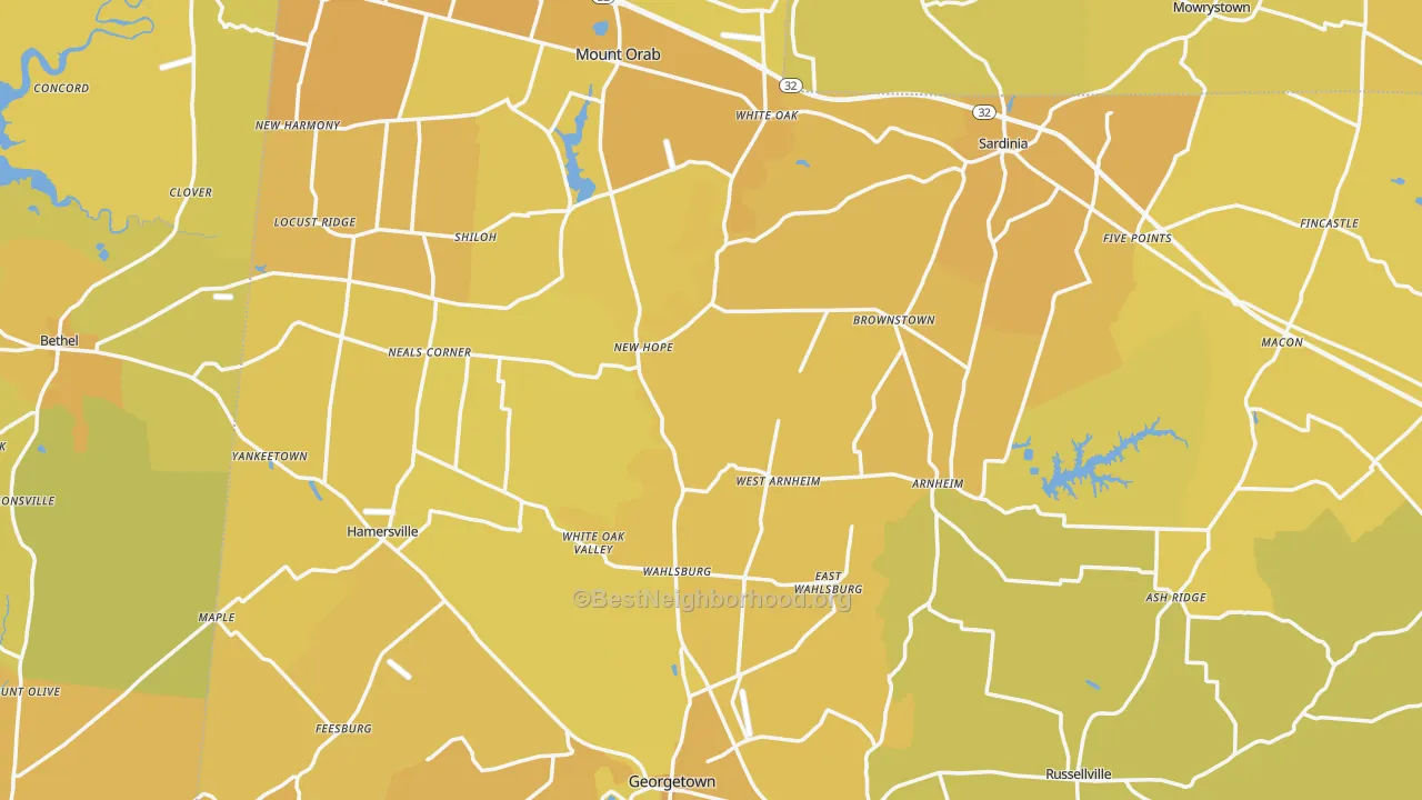 Map of the best neighborhoods in the Brown County area, with better matches in green and worse matches in red