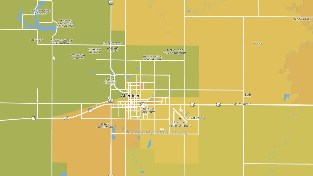 Map of the best neighborhoods in the Brown County area, with better matches in green and worse matches in red