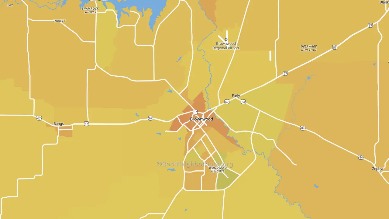 Map of the best neighborhoods in the Brown County area, with better matches in green and worse matches in red