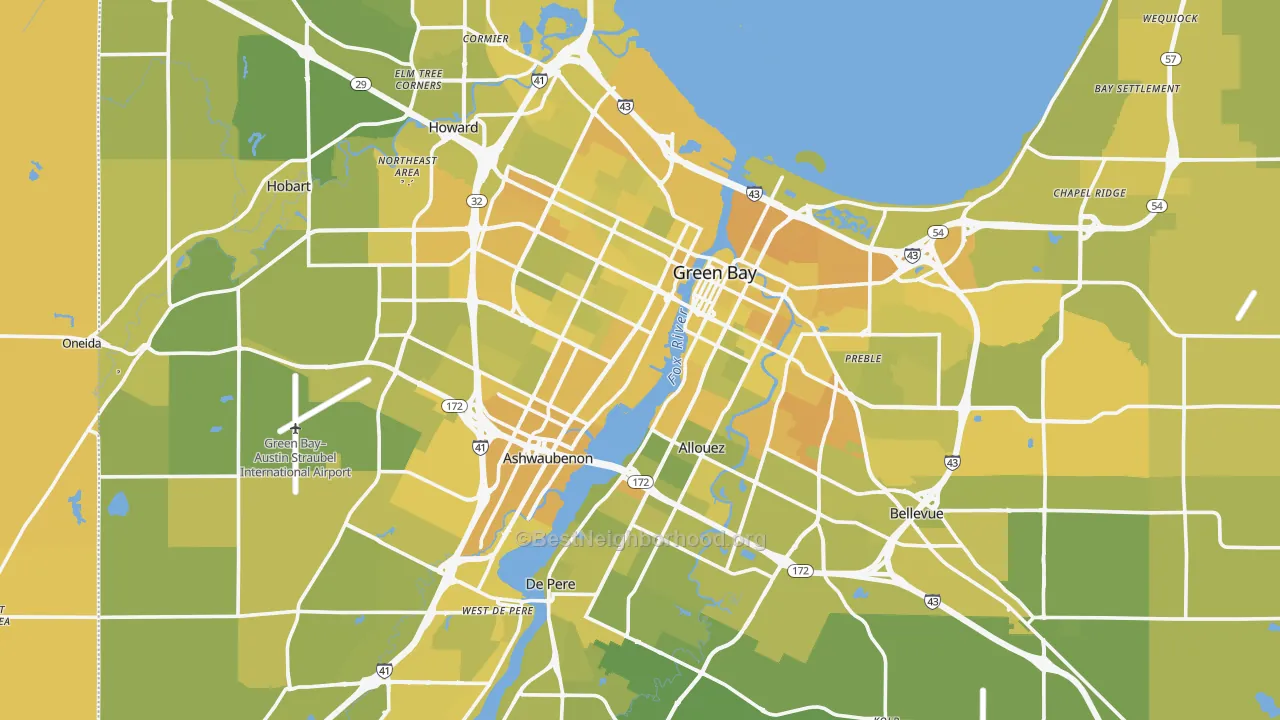Map of the best neighborhoods in the Brown County area, with better matches in green and worse matches in red