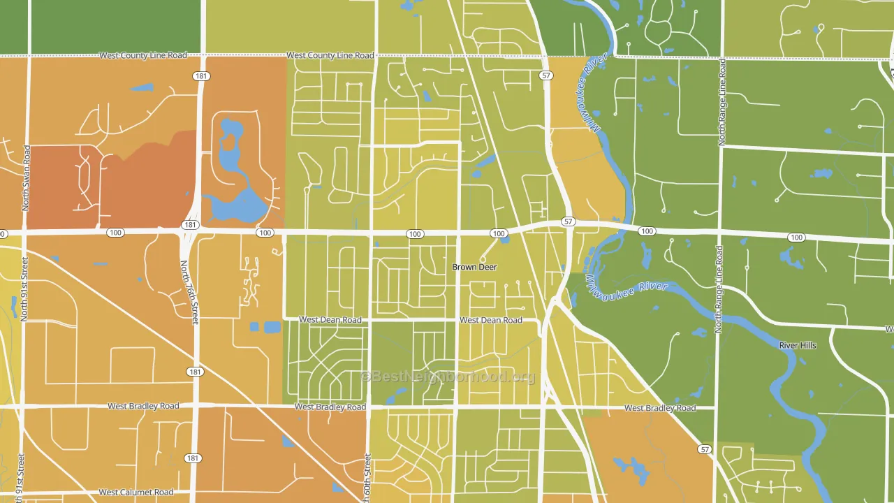 Map of the best neighborhoods in the Brown Deer area, with better matches in green and worse matches in red