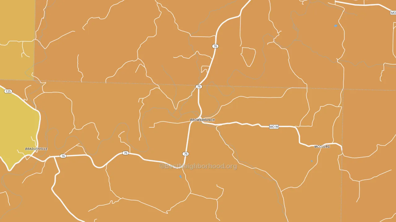 Map of the best neighborhoods in the Brownbranch area, with better matches in green and worse matches in red