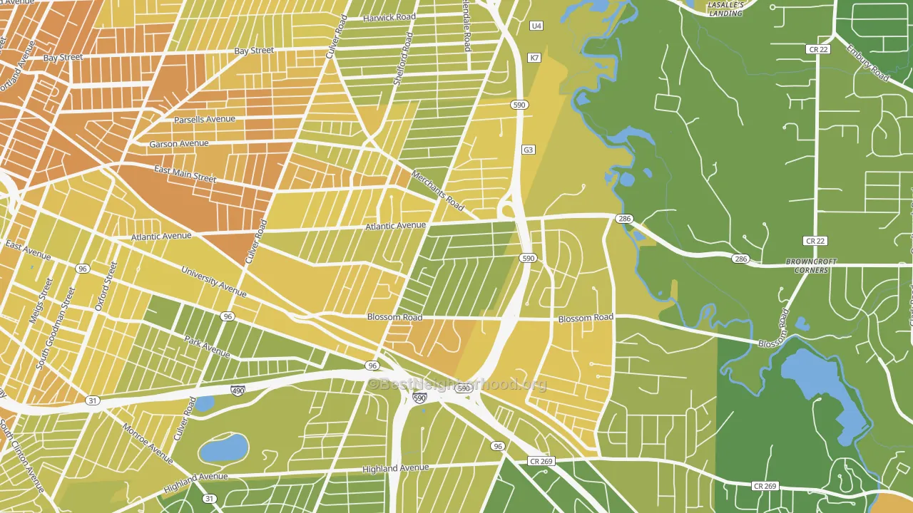 Map of the best neighborhoods in the Browncroft, Rochester area, with better matches in green and worse matches in red