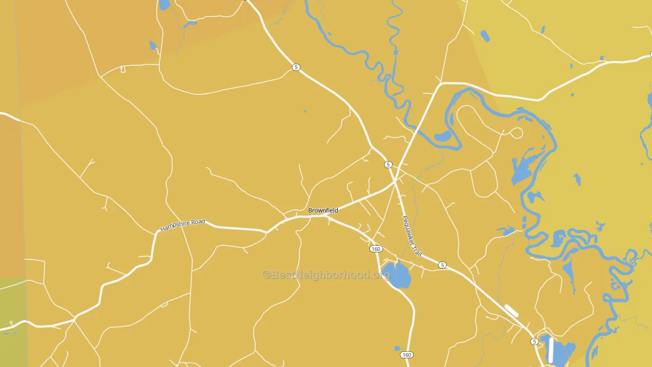 Map of the best neighborhoods in the Brownfield area, with better matches in green and worse matches in red