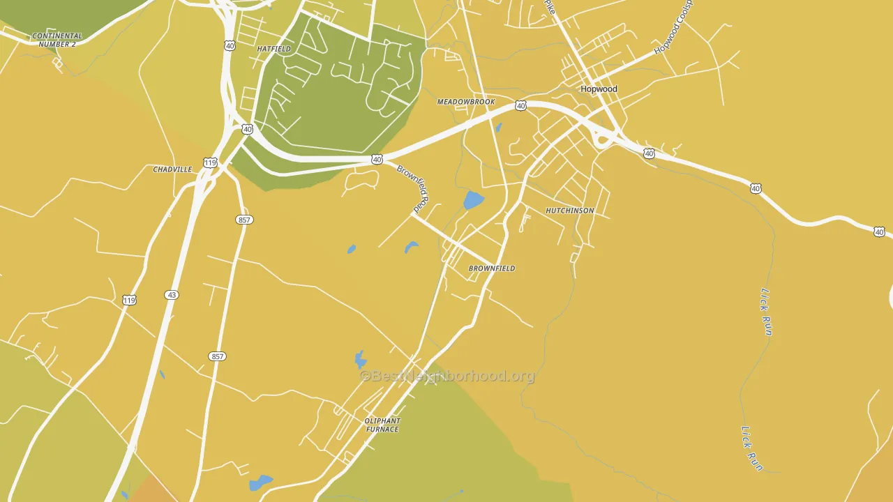 Map of the best neighborhoods in the Brownfield area, with better matches in green and worse matches in red