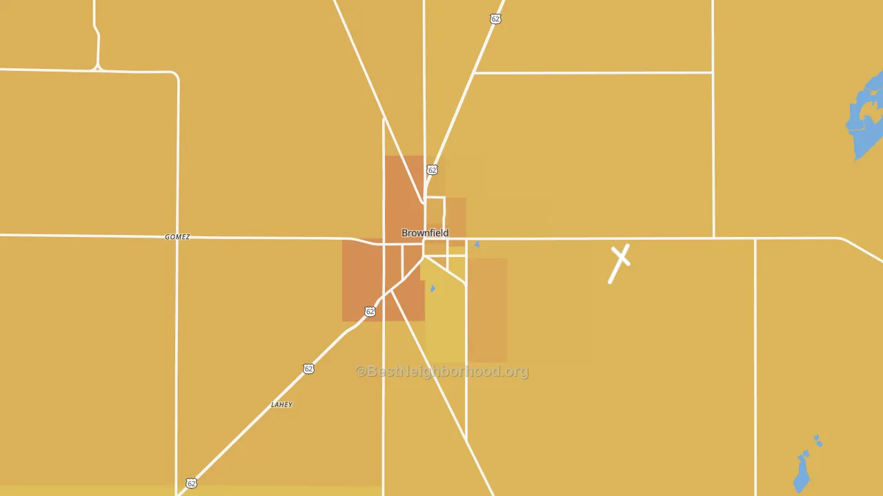 Map of the best neighborhoods in the Brownfield area, with better matches in green and worse matches in red