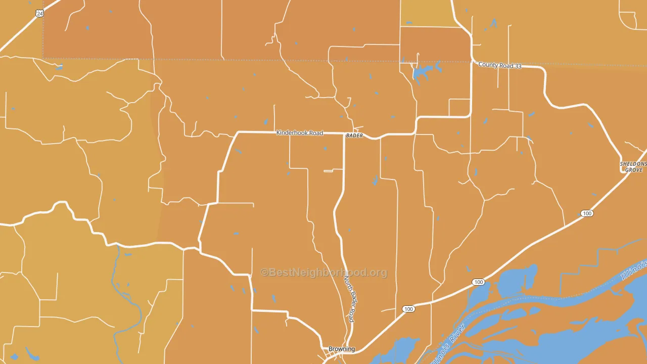 Map of the best neighborhoods in the Browning area, with better matches in green and worse matches in red