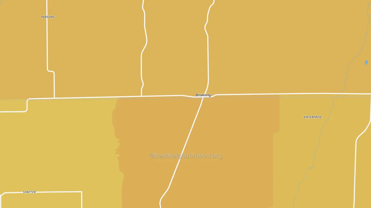 Map of the best neighborhoods in the Browning area, with better matches in green and worse matches in red