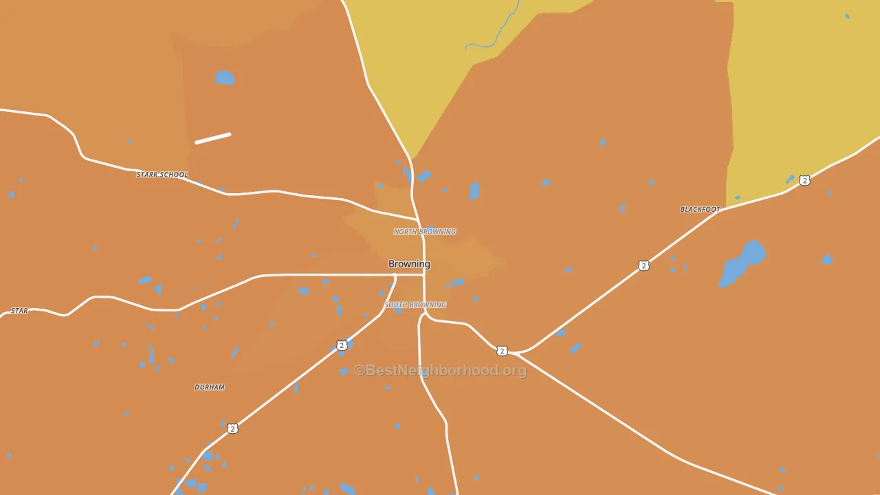 Map of the best neighborhoods in the Browning area, with better matches in green and worse matches in red