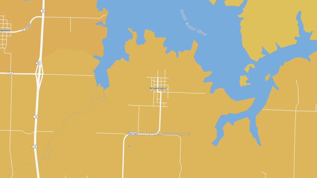 Map of the best neighborhoods in the Brownington area, with better matches in green and worse matches in red