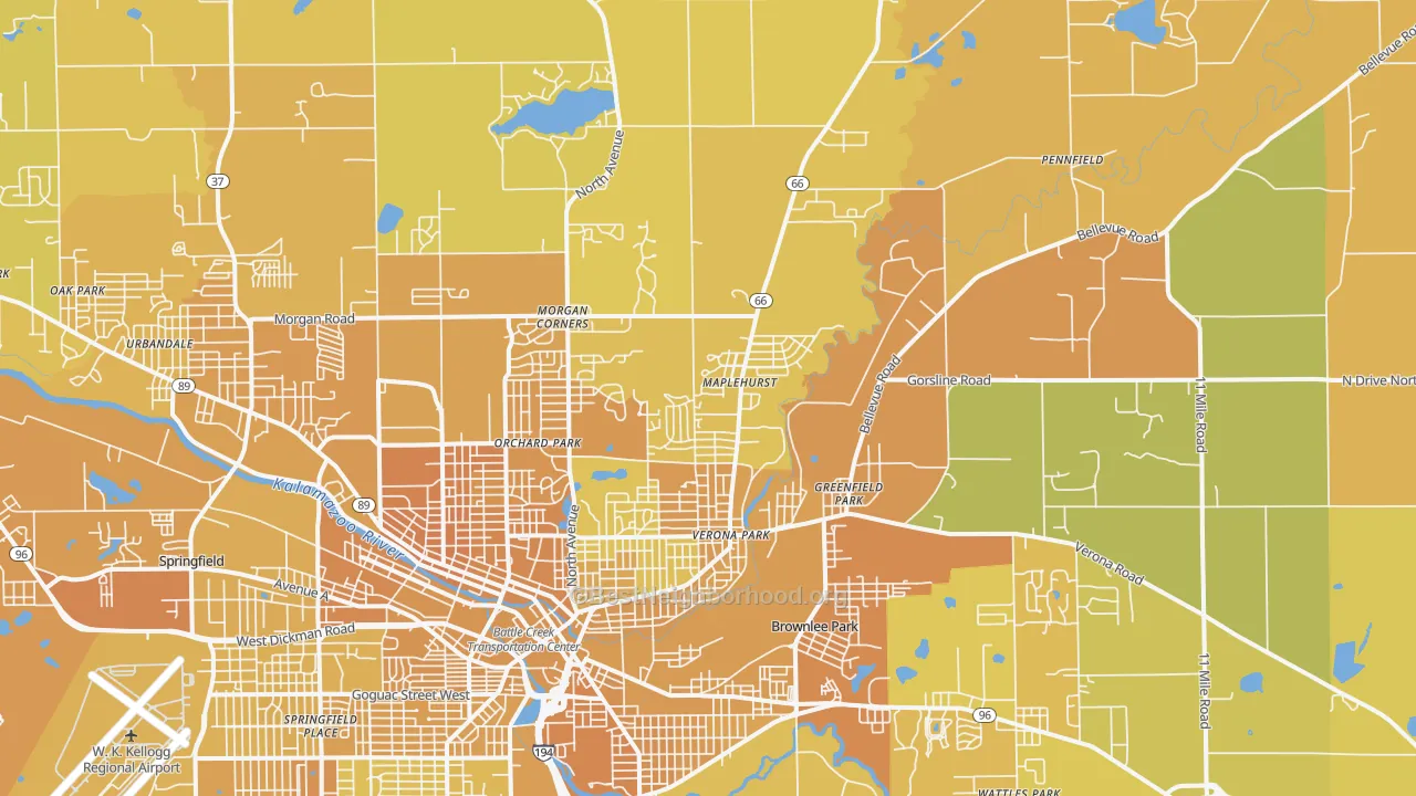 Map of the best neighborhoods in the Brownlee Park area, with better matches in green and worse matches in red