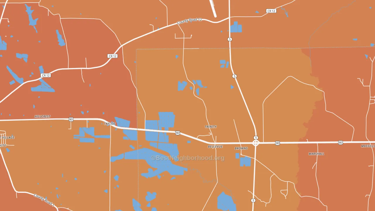 Map of the best neighborhoods in the Browns area, with better matches in green and worse matches in red
