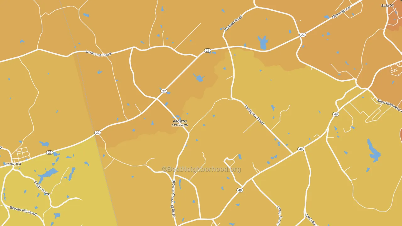 Map of the best neighborhoods in the Browns Crossing area, with better matches in green and worse matches in red