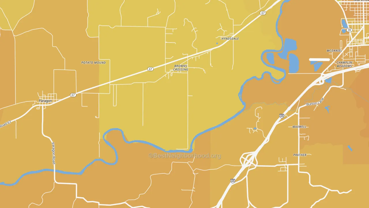 Map of the best neighborhoods in the Browns Crossing area, with better matches in green and worse matches in red