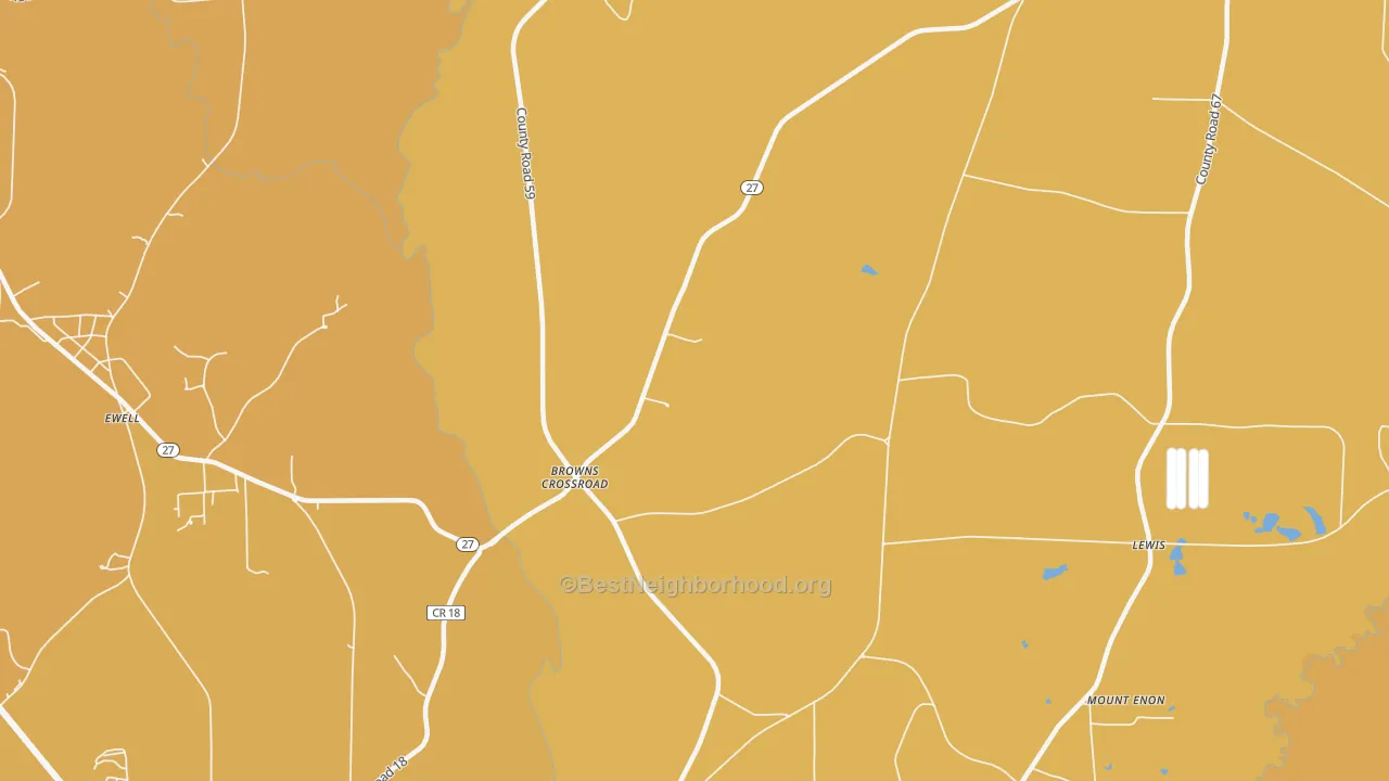 Map of the best neighborhoods in the Browns Crossroads area, with better matches in green and worse matches in red