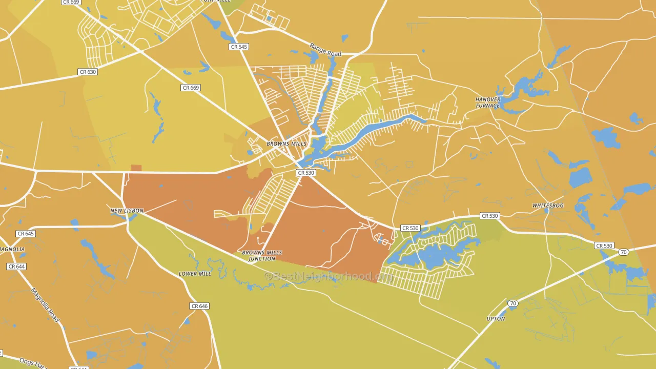 Map of the best neighborhoods in the Browns Mills area, with better matches in green and worse matches in red