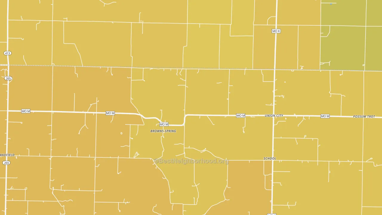 Map of the best neighborhoods in the Browns Spring area, with better matches in green and worse matches in red