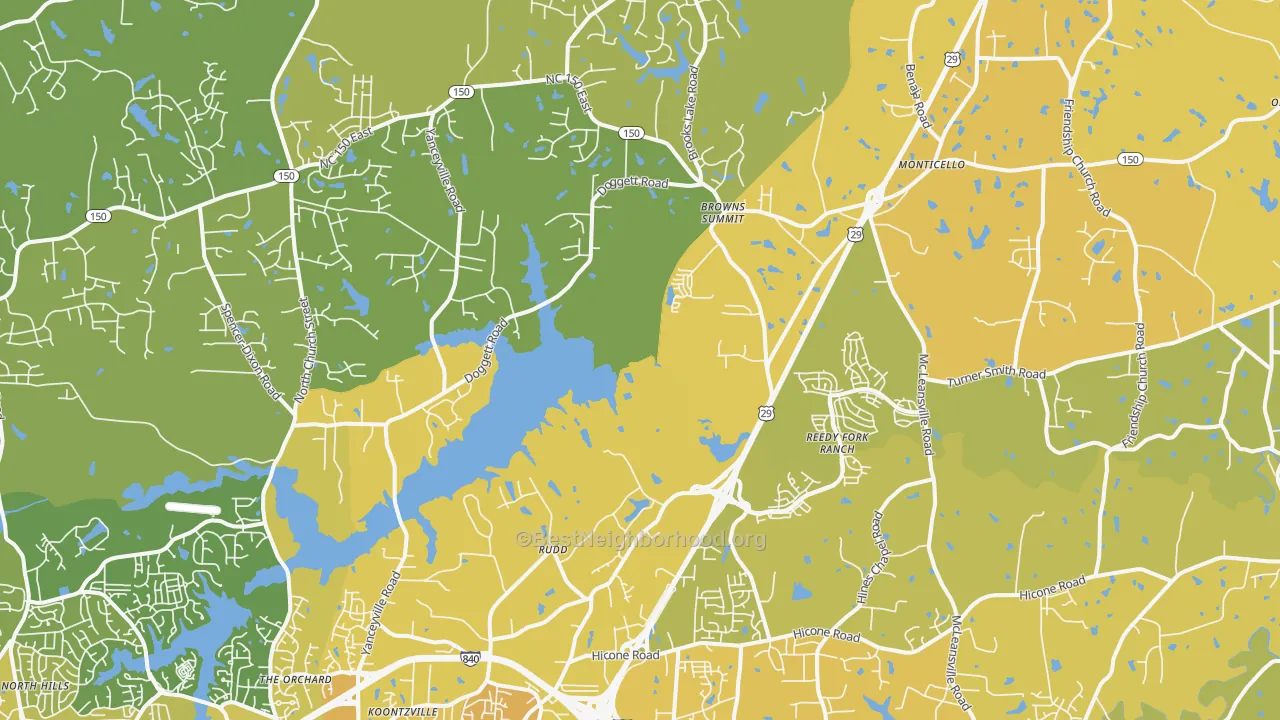 Map of the best neighborhoods in the Browns Summit area, with better matches in green and worse matches in red