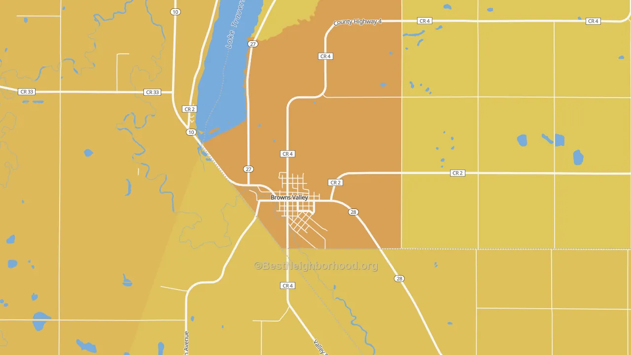 Map of the best neighborhoods in the Browns Valley area, with better matches in green and worse matches in red