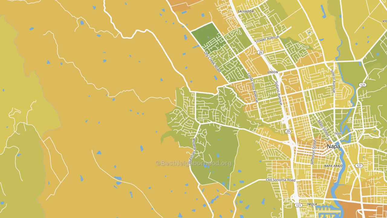 Map of the best neighborhoods in the Browns Valley, Napa area, with better matches in green and worse matches in red