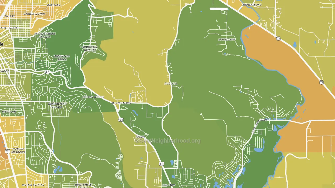 Map of the best neighborhoods in the Brownsboro area, with better matches in green and worse matches in red