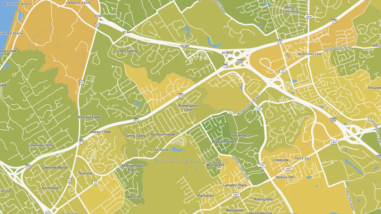 Map of the best neighborhoods in the Brownsboro Farm area, with better matches in green and worse matches in red