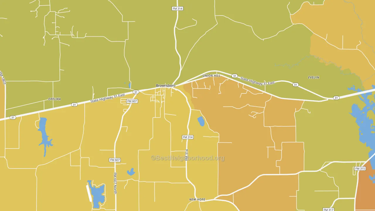 Map of the best neighborhoods in the Brownsboro area, with better matches in green and worse matches in red