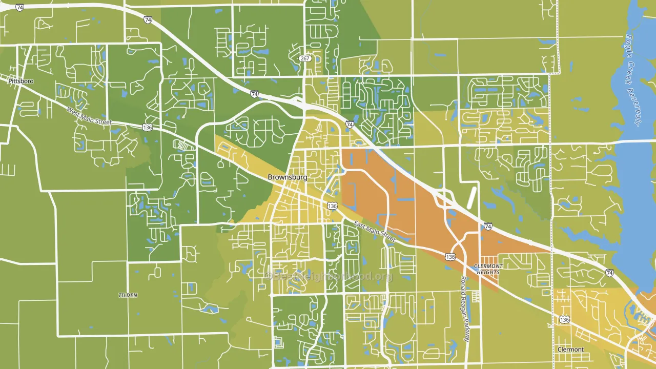 Map of the best neighborhoods in the Brownsburg area, with better matches in green and worse matches in red