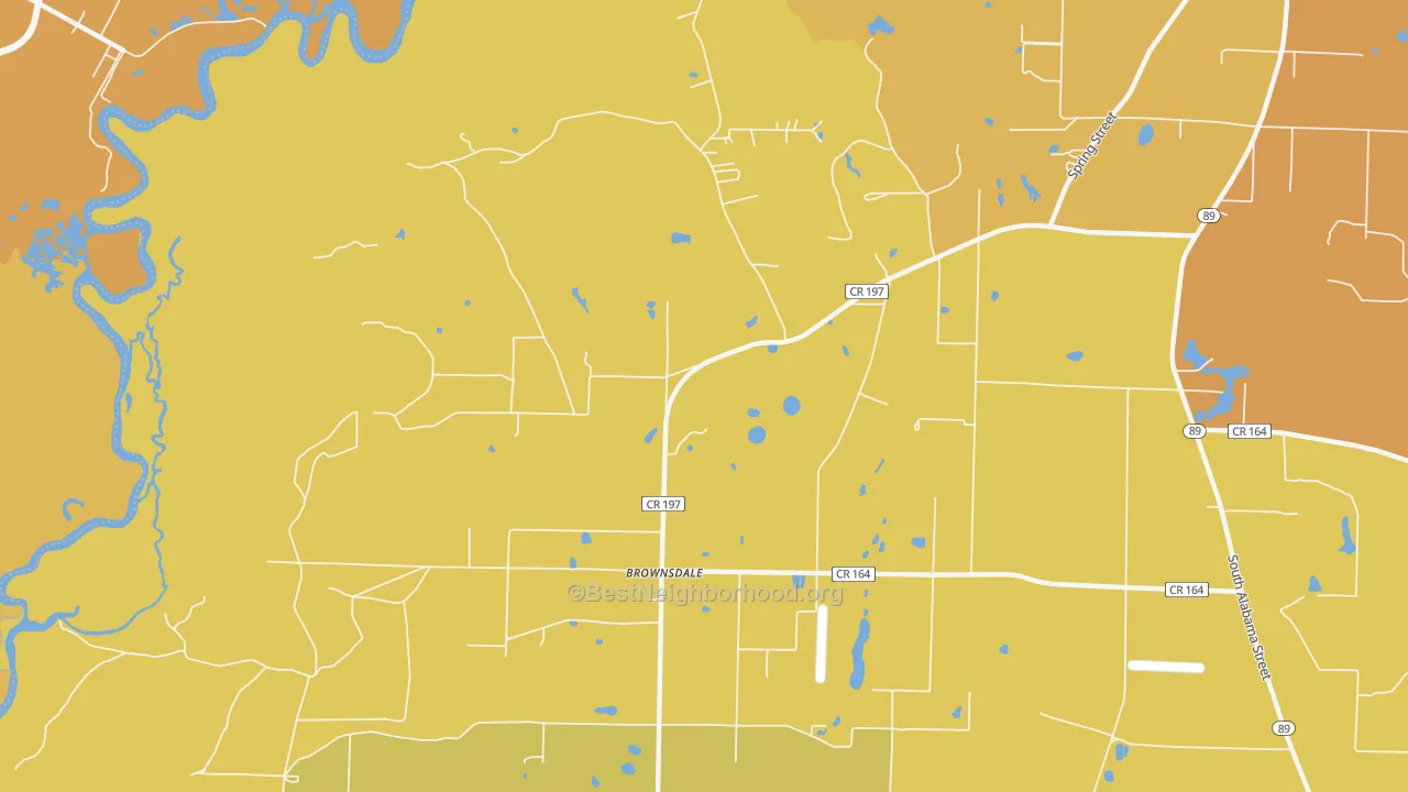Map of the best neighborhoods in the Brownsdale area, with better matches in green and worse matches in red