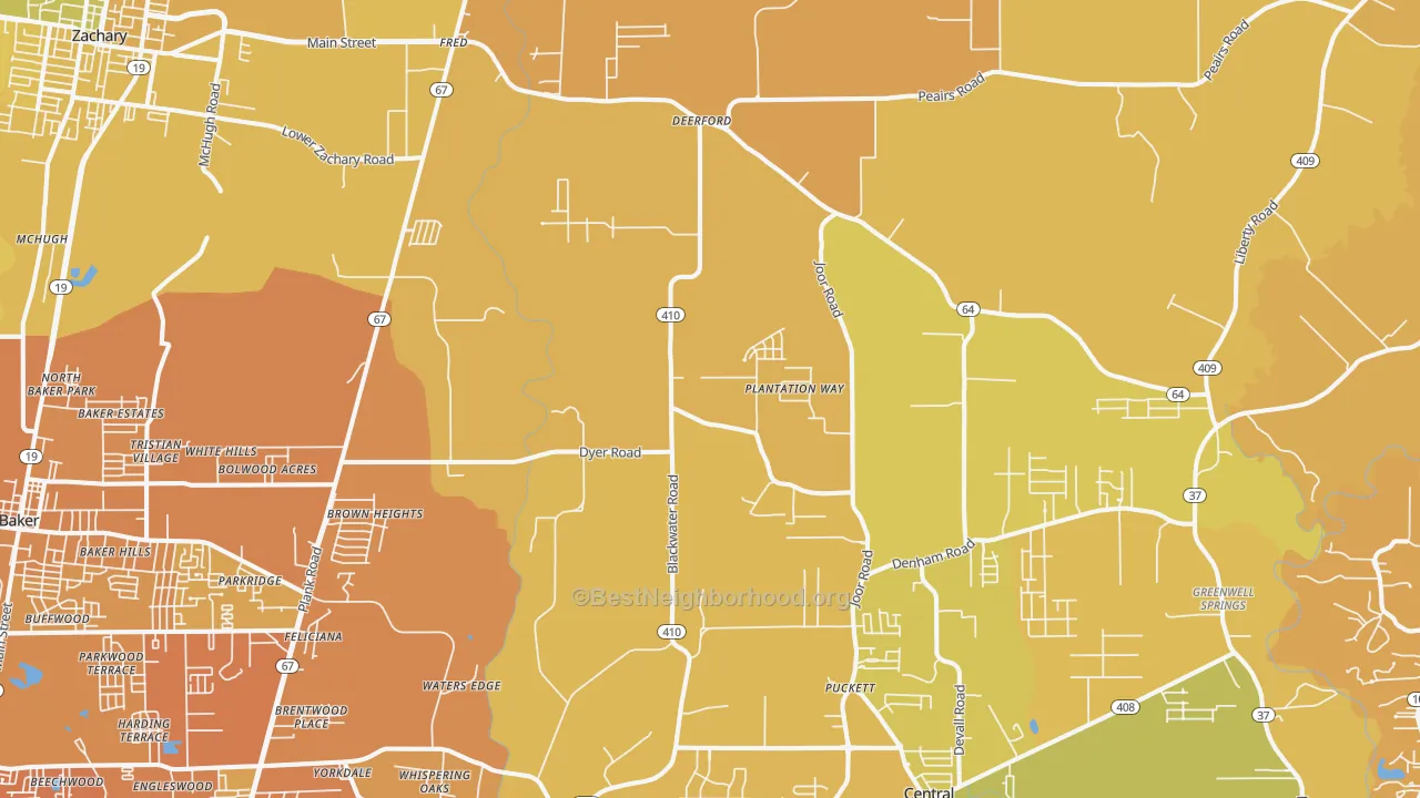 Map of the best neighborhoods in the Brownsfield-Central, Baton Rouge area, with better matches in green and worse matches in red